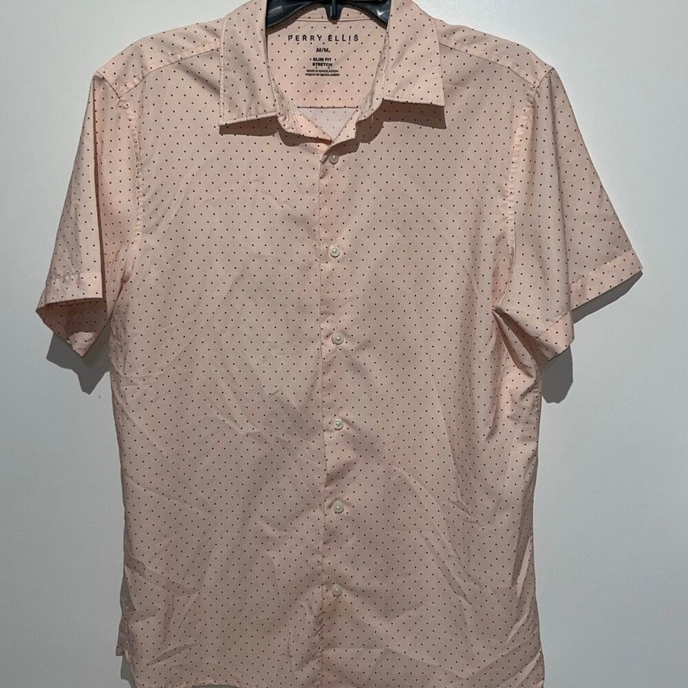 Perry Ellis Men's Peach Polka Dot Slim Fit Stretch Button Up Shirt Medium